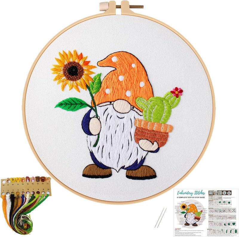 Nuberlic Sunflower Embroidery Kit for Beginners, Full Set of Stamped Gnome Cross Stitch Kit for Adults Including Threads, Hoops and Instruction - Image 1